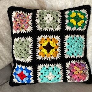 Hand crafted! Boho Granny square crochet retro cushion! Colourful 17”x17”